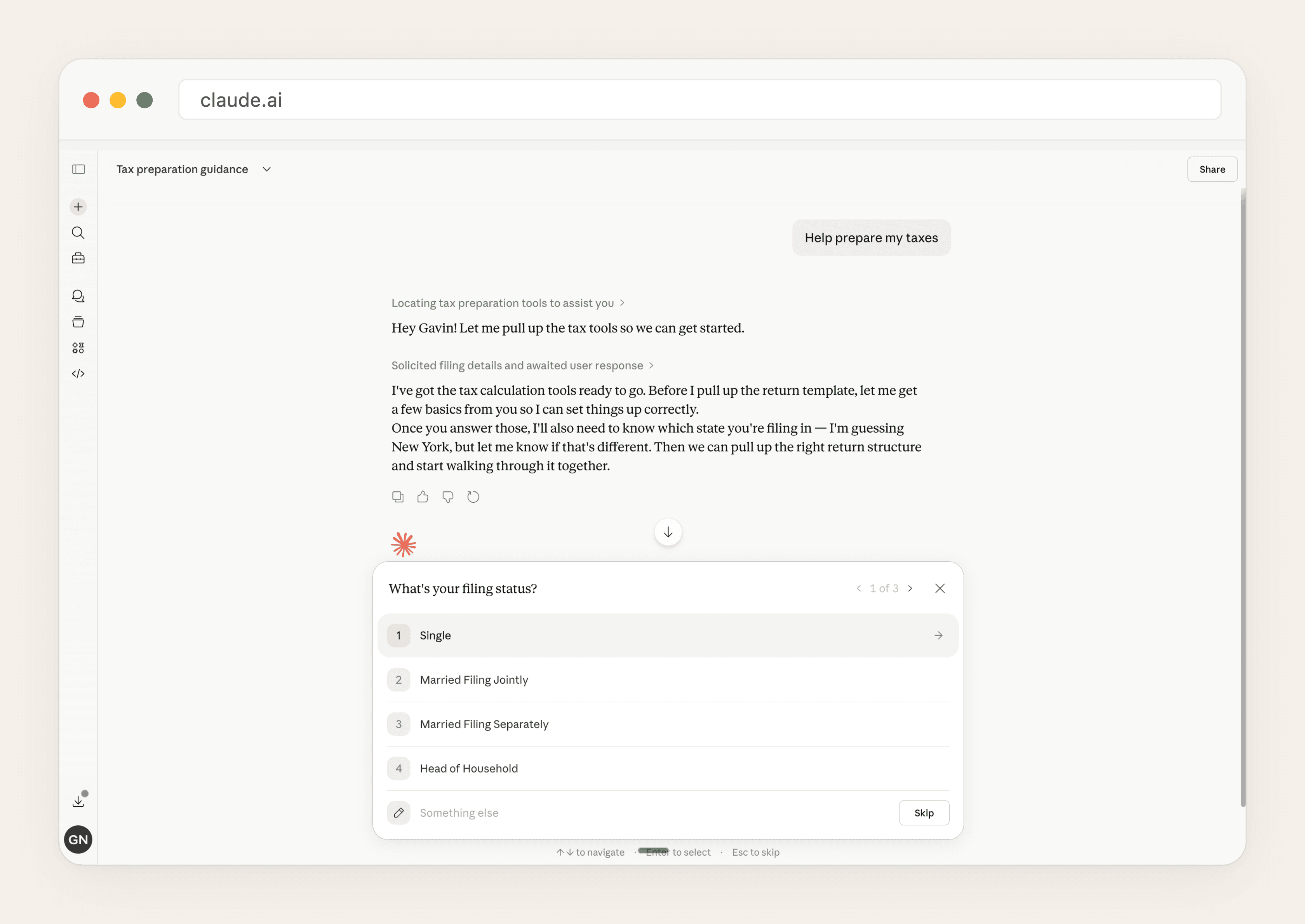 Claude chat interface for tax preparation