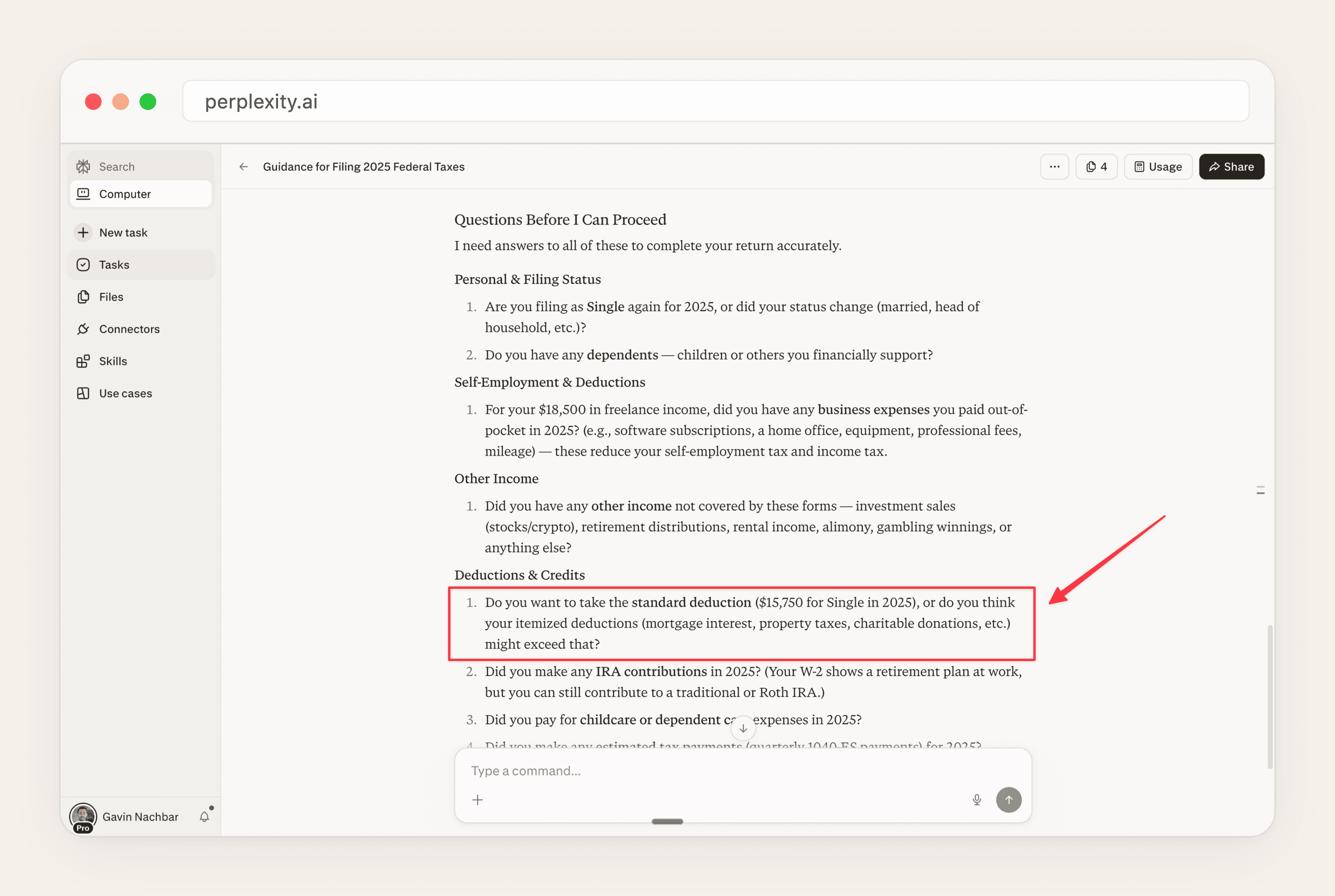 Perplexity Computer asking which deduction to take
